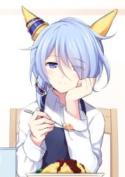 Rule 34 | 1girl, animal ears, apron, blue apron, blue eyes, blue hair, chair, closed mouth, collared shirt, dress shirt, eyes visible through hair, food, hair over one eye, holding, holding spoon, horse ears, k.s.miracle (umamusume), long sleeves, looking at viewer, odawara hakone, omelet, omurice, plate, shirt, smile, solo, spoon, umamusume, upper body, white shirt