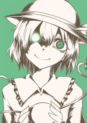 Rule 34 | 1girl, bow, collar, crazy smile, female focus, frilled collar, frills, glowing, glowing eye, green background, green eyes, green theme, hair between eyes, hat, hat bow, head tilt, heart, heart of string, komeiji koishi, long sleeves, looking at viewer, monochrome, short hair, simple background, smile, solo, spot color, third eye, touhou, upper body, yume (i think.)