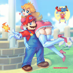 Rule 34 | 1boy, 1girl, ass, ass grab, blonde hair, blue eyes, breasts, brown hair, carrying, carrying over shoulder, crown, day, dress, earrings, facial hair, fire, flagpole, flower, gloves, grin, hat, heart, jewelry, large breasts, legs, long hair, looking at viewer, mario, mario (series), mustache, nintendo, one eye closed, outdoors, overalls, panties, pink dress, pink panties, princess peach, smile, spoken heart, standing, super mario bros. 1, supersatanson, thighhighs, thighs, underwear, upskirt, wink
