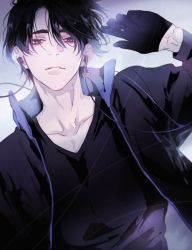 Rule 34 | 10s, 1boy, black gloves, black hair, brown eyes, earbuds, earphones, from above, gloves, jacket, katagawa mika, lee seung-gil, lying, male focus, on back, open clothes, open jacket, parted lips, solo, track jacket, yuri!!! on ice