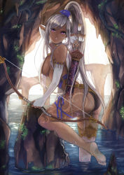 Rule 34 | 1girl, arrow (projectile), ass, backlighting, bare shoulders, barefoot, bow, bow (weapon), breasts, bridge, cave, dark-skinned female, dark skin, ear piercing, earrings, elbow gloves, elf, feet, fingerless gloves, gloves, grey hair, high ponytail, huge ass, jewelry, large breasts, bridal garter, long hair, looking at viewer, mole, mole under mouth, original, piercing, pisuke, pointy ears, ponytail, purple eyes, quiver, ribbon, rock, sideboob, single thighhigh, soles, solo, tan, tattoo, thighhighs, very long hair, wading, water, weapon, wet, wet hair, white gloves