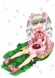 Rule 34 | 1girl, alternate costume, anchovy (girls und panzer), ankle boots, artist name, boots, brown eyes, cape, collared dress, commentary, dango, dress, drill hair, eating, food, fur-trimmed cape, fur trim, girls und panzer, girls und panzer senshadou daisakusen!, grass, green hair, hair ribbon, holding, holding food, holding plate, long hair, long sleeves, looking at viewer, medium dress, neck ribbon, no socks, official alternate costume, on ground, petals, pink cape, pink dress, pink footwear, pink ribbon, plaid, plaid dress, plate, red ribbon, ribbon, sanshoku dango, sitting, solo, twin drills, twintails, wagashi, white background, yu sakurai06