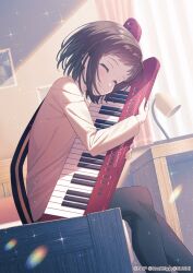 Rule 34 | 1girl, bang dream!, brown hair, closed eyes, dutch angle, hazawa tsugumi, highres, indoors, instrument, keyboard (instrument), koh rd, hugging object, official art, on bed, short hair, sitting, smile, solo, sparkle, sunlight, window