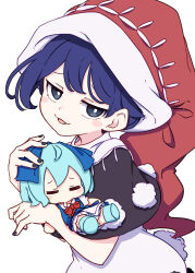 Rule 34 | 2girls, absurdres, black capelet, black nails, blue eyes, blue hair, blush stickers, capelet, cirno, doremy sweet, dress, fingernails, fumo (doll), hat, highres, kame (kamepan44231), looking at viewer, multiple girls, nail polish, nightcap, open mouth, pom pom (clothes), red headwear, short hair, simple background, touhou, white background, white dress
