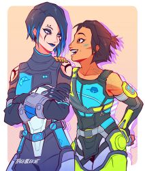 Rule 34 | 2girls, apex legends, artist name, black bodysuit, black eyeshadow, black gloves, black hair, blue eyeliner, blue hair, blue shirt, bodysuit, brown hair, catalyst (apex legends), clothing cutout, commentary, conduit (apex legends), crossed arms, dark-skinned female, dark skin, earrings, english commentary, eye contact, eyebrow piercing, eyeliner, eyeshadow, freckles, gloves, grey pants, hair behind ear, hand on another&#039;s shoulder, highres, jewelry, leaning to the side, looking at another, makeup, multicolored hair, multiple girls, pants, piercing, shirt, short hair, shoulder cutout, smile, streaked hair, thekittlekat, yellow nails
