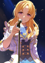 Rule 34 | 1girl, black background, blonde hair, blue neckerchief, blush, breasts, dress, earrings, elbow sleeve, frilled dress, frills, hair ornament, highres, idolmaster, idolmaster cinderella girls, idolmaster cinderella girls starlight stage, jewelry, kiryu tsukasa (idolmaster), long hair, looking at viewer, medium breasts, microphone, microphone stand, neckerchief, nira (vira), open mouth, pointing, pointing at viewer, purple eyes, smile, solo, wavy hair, white dress