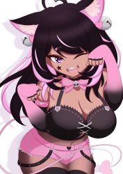 Rule 34 | 1girl, absurdres, ahoge, alternate hair color, alternate skin color, animal ear fluff, animal ears, bell, black choker, black hair, black pantyhose, black shirt, black thighhighs, bow, breasts, cat ears, choker, cleavage, commentary, crimsle, dark-skinned female, dark skin, demon girl, demon horns, demon tail, english commentary, facial tattoo, fingerless gloves, gloves, hair ornament, hairclip, heart, heart ahoge, heart hair ornament, highres, horns, ironmouse, ironmouse (pink rock), jingle bell, large breasts, long hair, looking at viewer, multicolored hair, navel, one eye closed, open mouth, pantyhose, paw pose, pink bow, pink gloves, pink hair, pink shorts, purple eyes, purple hair, shirt, short shorts, shorts, skull, star tattoo, strapless, streaked hair, tail, tattoo, thighhighs, tube top, virtual youtuber, vshojo