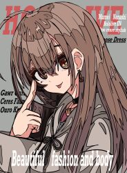 Rule 34 | 1girl, :p, ahoge, berry, black choker, brown hair, brown hoodie, choker, company name, cover, crossed bangs, earrings, food-themed earrings, hair between eyes, highres, hololive, hololive english, hood, hoodie, jewelry, long hair, looking at viewer, magazine cover, multicolored hair, nanashi mumei, nanashi mumei (casual), necklace, pointing, pointing at self, red shirt, shirt, smile, streaked hair, sweater, tanau, tongue, tongue out, virtual youtuber, white sweater, wide sleeves