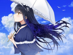 Rule 34 | 1girl, bird, black hair, blue capelet, blue sky, blush, bone hair ornament, capelet, closed mouth, cloud, commentary request, day, eyelashes, fingernails, floating hair, frilled capelet, frills, hair ornament, hairband, hand up, holding, holding umbrella, kushima kamome, long hair, looking afar, outdoors, profile, seagull, sidelocks, skull and crossbones, skull hair ornament, sky, smile, solo, straight hair, summer pockets, umbrella, upper body, user zdkw4442, very long hair, white hairband, white umbrella, wind, wind lift, yellow eyes
