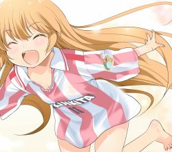 Rule 34 | 1girl, blonde hair, child, closed eyes, fangs, fingernails, happy, highres, inoue sora, inukai midori, long hair, mai ball!, naked shirt, no pants, open mouth, outstretched arms, oversized clothes, shirt, short sleeves, smile, soccer uniform, sportswear, striped, vertical stripes, very long hair