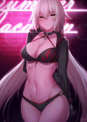 Rule 34 | 1girl, arm behind back, bikini, black bikini, black choker, black gloves, black jacket, blush, breasts, brick wall, choker, cleavage, collarbone, commentary, cowboy shot, cropped jacket, english commentary, eyes visible through hair, fate/grand order, fate (series), gloves, grey hair, groin, hair between eyes, high collar, highres, holding own arm, jacket, jeanne d&#039;arc alter (swimsuit berserker) (fate), jeanne d&#039;arc (fate), jeanne d&#039;arc alter (fate), jeanne d&#039;arc alter (swimsuit berserker) (fate), kakeku, large breasts, legs together, light trail, long hair, long sleeves, looking at viewer, navel, neon lights, night, o-ring, o-ring bikini, o-ring bottom, o-ring top, open clothes, open jacket, orange eyes, pale skin, parted lips, print bikini, shrug (clothing), sidelocks, signature, slit pupils, solo, standing, stomach, swimsuit, very long hair