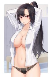 Rule 34 | 1girl, asato mai, black hair, black panties, breasts, collared shirt, hair tie in mouth, highres, large breasts, long sleeves, mouth hold, navel, no bra, open clothes, open shirt, original, panties, ponytail, red eyes, shirt, solo, stomach, tying hair, underwear, white shirt