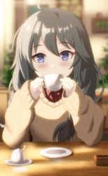 Rule 34 | 1girl, ahoge, blue eyes, blurry, blurry background, blush, buttons, collared shirt, commentary request, cup, green hair, hair between eyes, hair over shoulder, hairband, hands up, highres, holding, holding cup, indoors, long hair, looking at viewer, okg, plant, pov across table, princess connect!, red shirt, saucer, shirt, sleeves past wrists, solo, sweater, table, teacup, upper body, yellow sweater, yuni (princess connect!), yuni (real) (princess connect!)