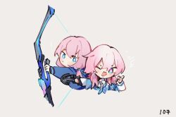 Rule 34 | 2girls, arknights, blue eyes, blue poison (arknights), bow (weapon), color connection, commentary, cropped torso, crossbow, dress shirt, english commentary, grey background, hair color connection, holding, holding bow (weapon), holding crossbow, holding weapon, honkai: star rail, honkai (series), jacket, long sleeves, look-alike, march 7th (honkai: star rail), medium hair, multiple girls, numbered, one eye closed, open mouth, pink hair, purple eyes, ruri (dailybloopy), shirt, short hair, simple background, smile, tied jacket, two-tone eyes, weapon, weapon switch, white shirt