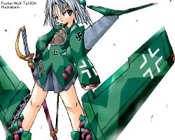 Rule 34 | 1girl, aircraft, airplane, flat chest, jet, looking at viewer, lowres, mecha musume, military, miniskirt, oekaki, pleated skirt, short hair, silver hair, simple background, skirt, solo, sword, ta 183, weapon, white background, yonezuka ryou