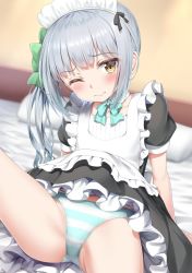 Rule 34 | 1girl, alternate costume, apron, bed, black dress, blurry, brown eyes, cowboy shot, depth of field, dress, enmaided, frilled apron, frills, grey hair, kantai collection, kasumi (kancolle), long hair, looking at viewer, maid, maid apron, maid headdress, nedia (nedia region), one eye closed, panties, pillow, side ponytail, sitting, solo, striped clothes, striped panties, underwear, white apron