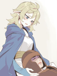 Rule 34 | 1boy, 1girl, asutora, blonde hair, blue cape, blue eyes, blush, cape, character request, commentary request, copyright request, doni (dungeon meshi), dress, dungeon meshi, fionil (dungeon meshi), grey background, helmet, highres, looking at another, looking down, medium hair, open mouth, pointy ears, simple background, soldier, sweat, tears, white dress