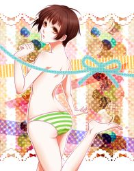 Rule 34 | 10s, 1girl, ass, aymraaa, breasts, brown eyes, brown hair, leg up, outline, panties, panties only, polka dot, polka dot background, psycho-pass, short hair, solo, star (symbol), striped clothes, striped panties, topless, tsunemori akane, underwear, underwear only