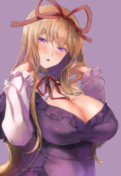 Rule 34 | 1girl, blonde hair, breasts, cleavage, detached collar, dress, frilled sleeves, frills, hair ribbon, hand in own hair, highres, large breasts, long hair, long sleeves, looking at viewer, neck ribbon, open mouth, purple background, purple dress, purple eyes, red ribbon, ribbon, simple background, solo, standing, touhou, upper body, yakumo yukari, yohane