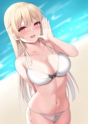 Rule 34 | 1girl, :d, absurdres, arm behind back, bare arms, bare shoulders, beach, bikini, black bow, blonde hair, blurry, blurry background, blush, bow, breasts, cleavage, collarbone, commentary request, cowboy shot, day, depth of field, front-tie bikini top, front-tie top, furen e lustario, halterneck, hand up, highres, large breasts, long hair, looking at viewer, navel, nijisanji, open mouth, outdoors, paid reward available, red eyes, ribbon, side-tie bikini bottom, smile, solo, stomach, string bikini, swimsuit, tatsumiya kagari, very long hair, virtual youtuber, white bikini, white ribbon