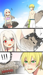 Rule 34 | 1boy, 1girl, 3koma, heracles (fate), blonde hair, blush, comic, day, earrings, fate/stay night, fate (series), green eyes, hair between eyes, illyasviel von einzbern, jason (fate), jewelry, kana, long hair, looking at another, open mouth, outdoors, red eyes, topless male, silent comic, sky, sweatdrop, twitter username, white hair