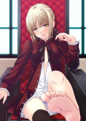Rule 34 | 00s, 1girl, artoria pendragon (all), artoria pendragon (fate), asymmetrical clothes, barefoot, blonde hair, fate/stay night, fate (series), feet, gothic lolita, lolita fashion, panties, pantyshot, saber (fate), saber alter, shizuku (artist), single thighhigh, sitting, soles, solo, striped clothes, striped panties, thighhighs, underwear, yellow eyes