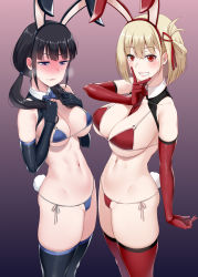 Rule 34 | 2girls, animal ears, areola slip, between breasts, bikini, black hair, black thighhighs, blonde hair, blue bikini, blue bow, blue bowtie, bow, bowtie, breasts, breath, clenched teeth, darkmaya, elbow gloves, embarrassed, fake animal ears, gloves, grin, inoue takina, large breasts, leotard, long hair, lycoris recoil, medium breasts, micro bikini, multiple girls, navel, necktie, necktie between breasts, nishikigi chisato, nontraditional playboy bunny, paid reward available, parted lips, playboy bunny, purple eyes, rabbit ears, rabbit tail, red bikini, red eyes, red necktie, red thighhighs, short hair, shrug (clothing), smile, stomach, swimsuit, tail, teeth, thighhighs, thighs, twintails, v over mouth