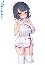 Rule 34 | 1girl, alternate costume, black hair, breasts, dress, feet out of frame, garter straps, hat, kantai collection, large breasts, nurse, nurse cap, red eyes, short hair, simple background, solo, takao (kancolle), tf cafe, thighhighs, twitter username, white background, white dress, white hat, white thighhighs