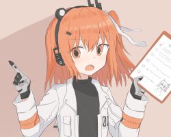 Rule 34 | 1girl, a.i. voice, adachi rei, anmitsu kina, black shirt, checklist, clipboard, commentary, drawstring, gloves, grey gloves, hair ribbon, headlamp, headphones, highres, holding, holding clipboard, index finger raised, jacket, lens eye, long sleeves, looking at viewer, medium hair, one side up, open clothes, open jacket, open mouth, orange eyes, orange hair, radio antenna, ribbon, shirt, solo, text in eyes, upper body, utau, white jacket, white ribbon