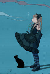 1girl animal bare_shoulders black_cat black_dress black_footwear black_sleeves blue_background blue_eyes brown_hair cat cigarette commentary_request dated detached_sleeves dress earrings frilled_dress frilled_sleeves frills gothic_lolita highres jewelry kokudou_juunigou lolita_fashion long_hair looking_away mary_janes mouth_hold original pantyhose pleated_dress polka_dot polka_dot_background profile shoes sleeveless sleeveless_dress smoke smoking solo standing striped_clothes striped_pantyhose stud_earrings translation_request wide_sleeves