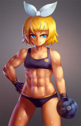 Rule 34 | 1girl, abs, blonde hair, blue eyes, bow, dumbbell, eyebrows, fingerless gloves, flat chest, gloves, grey background, hair bow, hair ornament, hairclip, hand on own hip, kagamine rin, light smile, midriff, muscular, muscular female, navel, short shorts, shorts, smile, solo, sports bra, standing, sweat, swept bangs, vocaloid, yilx