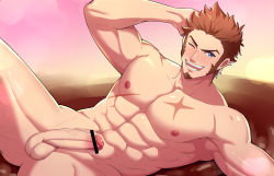 Rule 34 | 1boy, abs, bar censor, bara, blue eyes, brown hair, censored, completely nude, cross scar, erection, facial hair, fate/grand order, fate (series), feet out of frame, goatee, highres, large pectorals, long sideburns, male focus, mature male, minghecanyue, muscular, muscular male, napoleon bonaparte (fate), navel, nipples, nude, one eye closed, pectorals, penis, scar, scar on chest, short hair, sideburns, smile, solo, spread legs, stomach, thick thighs, thighs, veins, veiny penis