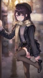 Rule 34 | 1girl, absurdres, beret, black footwear, black jacket, blush, brown thighhighs, commentary request, hat, high heels, highres, jacket, jewelry, long hair, necklace, original, pleated skirt, purple eyes, scarf, skirt, snowing, solo, sweat, thighhighs, tokkyu, winter clothes, zettai ryouiki