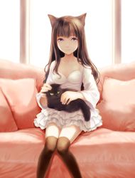 Rule 34 | 1girl, animal, animal ears, animal on lap, black thighhighs, blue eyes, brown hair, cat, cat ears, collarbone, couch, dress, frills, headpat, indoors, light smile, long hair, long sleeves, looking at viewer, on lap, original, pillow, sitting, sitting on lap, sitting on person, solo, soujirou, sunlight, thighhighs, zettai ryouiki
