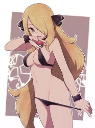 Rule 34 | 1girl, bad id, bad pixiv id, bikini, bikini pull, black bikini, blonde hair, breasts, cleavage, clothes pull, commentary, creatures (company), cynthia (pokemon), fur collar, fur cuffs, game freak, grey eyes, hair ornament, hair over one eye, hand up, highres, holding, holding poke ball, lamb-oic029, long hair, medium breasts, navel, nintendo, open mouth, outline, poke ball, poke ball (basic), pokemon, pokemon dppt, sideboob, solo, swimsuit, two-tone background, very long hair, white outline