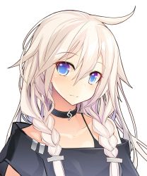 Rule 34 | 1girl, bad id, bad pixiv id, black shirt, blue eyes, braid, cevio, collar, collarbone, commentary request, hair between eyes, ia (vocaloid), korean commentary, long hair, looking at viewer, off-shoulder shirt, off shoulder, pigat, platinum blonde hair, portrait, shirt, smile, solo, twin braids, vocaloid, white background