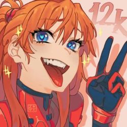 Rule 34 | 1girl, artist request, blue eyes, fangs, heart, heart-shaped pupils, looking at viewer, neon genesis evangelion, open mouth, peace symbol, plugsuit, smile, souryuu asuka langley, symbol-shaped pupils, tongue, tongue out, v