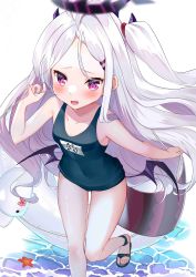 Rule 34 | 1girl, blue archive, blush, demon horns, demon wings, forehead, halo, highres, hina (blue archive), hina (swimsuit) (blue archive), horns, innertube, long hair, multiple horns, name tag, old school swimsuit, parted bangs, purple eyes, sandals, school swimsuit, shinomiya ino, solo, swim ring, swimsuit, white hair, wings