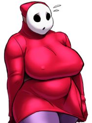 Rule 34 | 1girl, belly, borrowed character, breasts, clothes, covered erect nipples, drawfag, dress, embarrassed, fat, gender request, genderswap, highres, hollow eyes, huge breasts, mario (series), mask, nikcesco, nintendo, pantyhose, plump, purple pantyhose, shy gal, shy guy, solo, super mario bros. 1, super mario bros. 2, sweatdrop, sweater, sweater dress, thick thighs, thighs, transparent background, wide hips