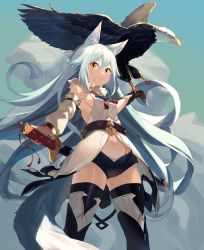 Rule 34 | 1girl, animal, animal ears, bare shoulders, bird, black shorts, black thighhighs, blue hair, blue sky, breasts, brown gloves, closed mouth, cloud, cloudy sky, commentary request, day, detached sleeves, dress, eagle, fang, fang out, fighting stance, fox ears, fox girl, fox tail, gloves, hair between eyes, katana, long hair, long sleeves, original, outdoors, panties, peroncho, puffy long sleeves, puffy sleeves, ready to draw, red eyes, sheath, sheathed, short eyebrows, short shorts, shorts, single detached sleeve, single glove, sky, sleeveless, sleeveless dress, small breasts, smile, solo, standing, sword, tail, thick eyebrows, thighhighs, underwear, very long hair, weapon, white dress, white panties, white sleeves