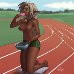 Rule 34 | 1girl, aisha clanclan, animal ears, bell, neck bell, blush, breasts, cat ears, collar, food, green eyes, kevinsano, large breasts, navel, nipples, outdoors, outlaw star, popsicle, solo, topfreedom, topless, white hair