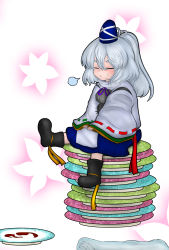 Rule 34 | 1girl, absurdres, black footwear, blue hat, blue skirt, blush, closed eyes, detached sleeves, food, food on face, full body, grey hair, hat, highres, japanese clothes, kariginu, long hair, long sleeves, miazuma sarin, mononobe no futo, neck ribbon, open mouth, plate, pom pom (clothes), ponytail, purple ribbon, ribbon, ribbon-trimmed sleeves, ribbon trim, rice, rice on face, sitting, skirt, solo, tate eboshi, third-party source, touhou, wide sleeves