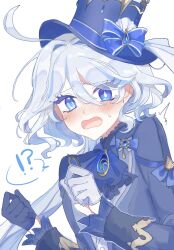 Rule 34 | !?, 1girl, ahoge, asymmetrical gloves, black gloves, blue eyes, blue gemstone, blue hair, blue hat, blue jacket, blush, commentary request, drop-shaped pupils, furina (genshin impact), gem, genshin impact, gloves, hair between eyes, hat, highres, jacket, long hair, long sleeves, looking at viewer, mismatched gloves, mismatched pupils, multicolored hair, open mouth, samiya (hanakoro), simple background, solo, surprised, symbol-shaped pupils, tears, top hat, two-tone hair, upper body, white background, white gloves, white hair