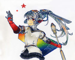 Rule 34 | 1girl, android, aqua hair, atlus, bad id, bad pixiv id, blue hair, headphones, joints, labrys (persona), long hair, persona, persona 4: the ultimate in mayonaka arena, pleated skirt, ponytail, red eyes, robot joints, school uniform, skirt, very long hair