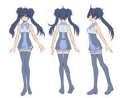 Rule 34 | 1girl, aino yumeri, bad id, bad pixiv id, blue eyes, blue hair, blue thighhighs, boots, character profile, long hair, looking at viewer, multiple views, profile, simple background, smile, thigh boots, thighhighs, turnaround, twintails, white background, zettai ryouiki