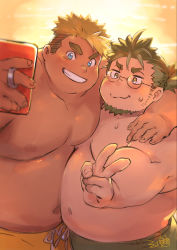 Rule 34 | 2boys, arm around shoulder, belly, belly-to-belly, blonde hair, blue eyes, blush, commentary request, daihukudokoro, dark-skinned male, dark skin, facial hair, goatee, green hair, green shorts, grin, highres, holding, holding phone, jewelry, live a hero, male focus, multiple boys, navel, nipples, pectoral docking, pectoral press, pectorals, phone, plump, ponytail, ring, round eyewear, selfie, semi-rimless eyewear, short hair, shorts, sideburns, signature, smile, stomach, subaru (live a hero), sunset, sweatdrop, thick eyebrows, topless male, upper body, v, v-shaped eyebrows, yasuhiko (live a hero), yellow eyes, yellow shorts