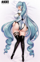 Rule 34 | 1girl, absurdres, ass, blue hair, boots, breasts, copyright name, dress, drill hair, from behind, goddess of victory: nikke, highres, large breasts, light blue hair, long hair, looking at viewer, looking back, lying, on stomach, privaty (nikke), rakuri (rwrn5475), solo, thigh boots, twin drills, twintails, very long hair, white dress, yellow eyes