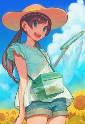 Rule 34 | 1girl, black hair, blue eyes, blue shorts, blue sky, butterfly net, cloud, cloudy sky, cowboy shot, flower, hand net, hat, highres, leaf, long hair, looking at viewer, nobile1031, open mouth, original, outdoors, plant, rhinoceros beetle, shirt, short shorts, shorts, sky, sleeveless, sleeveless shirt, smile, solo, straw hat, sunflower, twintails, white shirt, yellow flower