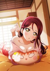 Rule 34 | 1girl, absurdres, bed, blush, breasts, cleavage, feet, highres, indoors, kougi hiroshi, long hair, looking at viewer, love live!, love live! sunshine!!, lying, on stomach, open mouth, pillow, red hair, room, sakurauchi riko, soles, solo, squeezing, takami chika, the pose, yellow eyes