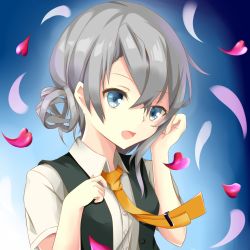Rule 34 | 10s, 1girl, asymmetrical hair, blue background, blue eyes, buttons, collared shirt, flipped hair, gradient background, grey hair, kantai collection, kuro-ra, looking at viewer, necktie, no gloves, nowaki (kancolle), open mouth, shirt, short sleeves, simple background, smile, solo, unbuttoned, upper body, vest, yellow necktie